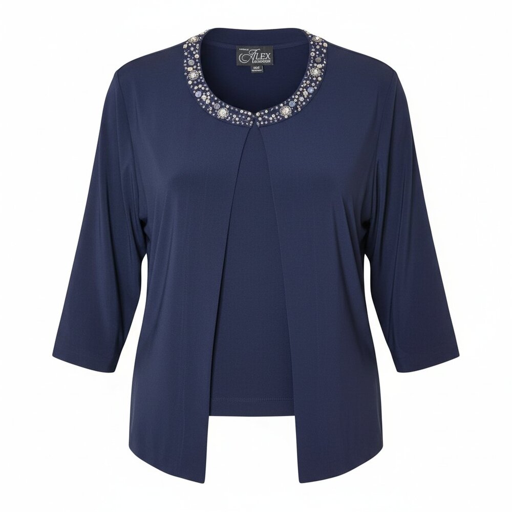 Alex Evenings Navy Embellished/Beaded Collar Jacket - Size 24W